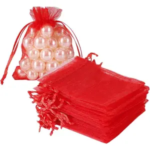 100pcs Little Red Organza Bags 3 x 4 inch Mesh Jewelry Pouches Drawstring Empty Sachets for Bracelets Candy Small Gift