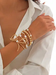 Elegant Beaded French Bow Bracelet Set, 5-Piece Fashion Jewelry Gift for Women & Couples, Perfect for Parties & Birthdays, Stackable Bracelets, Bangles Bracelets Set