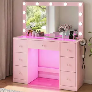 Vanity with Power Outlet and 11 Lights, Mirrored Dressing Table Equipped with 7 Drawers, White Finish Makeup Dresser & Storage Desk Suitable for Bedrooms and Dressing Rooms