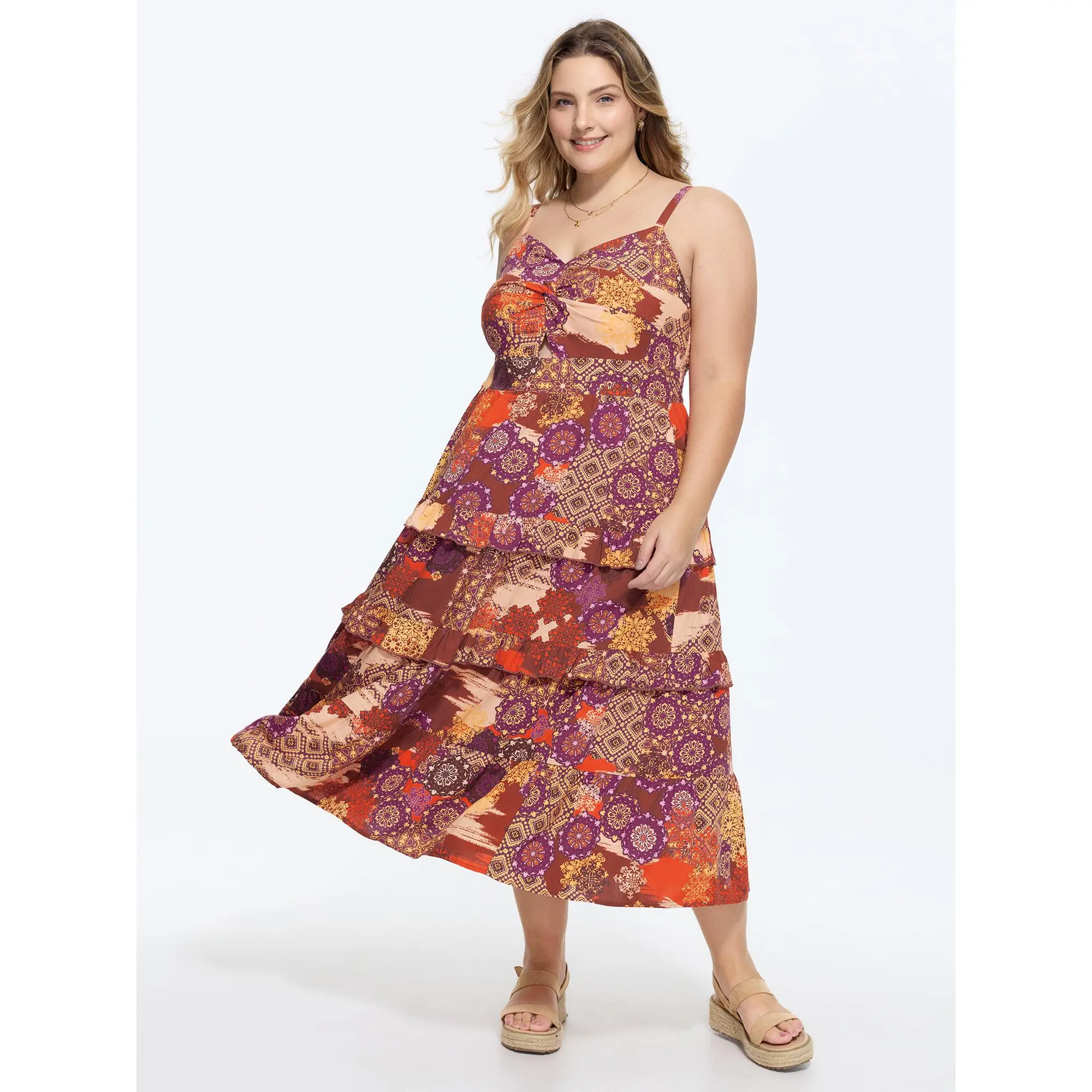 BloomChic Women's Plus Size Boho Maxi Dress, Casual Sleeveless Summer Everyday Dress in Smooth Ethnic Floral Rayon with a Twist-Front and Smocked Back, Maxi Dress For Women