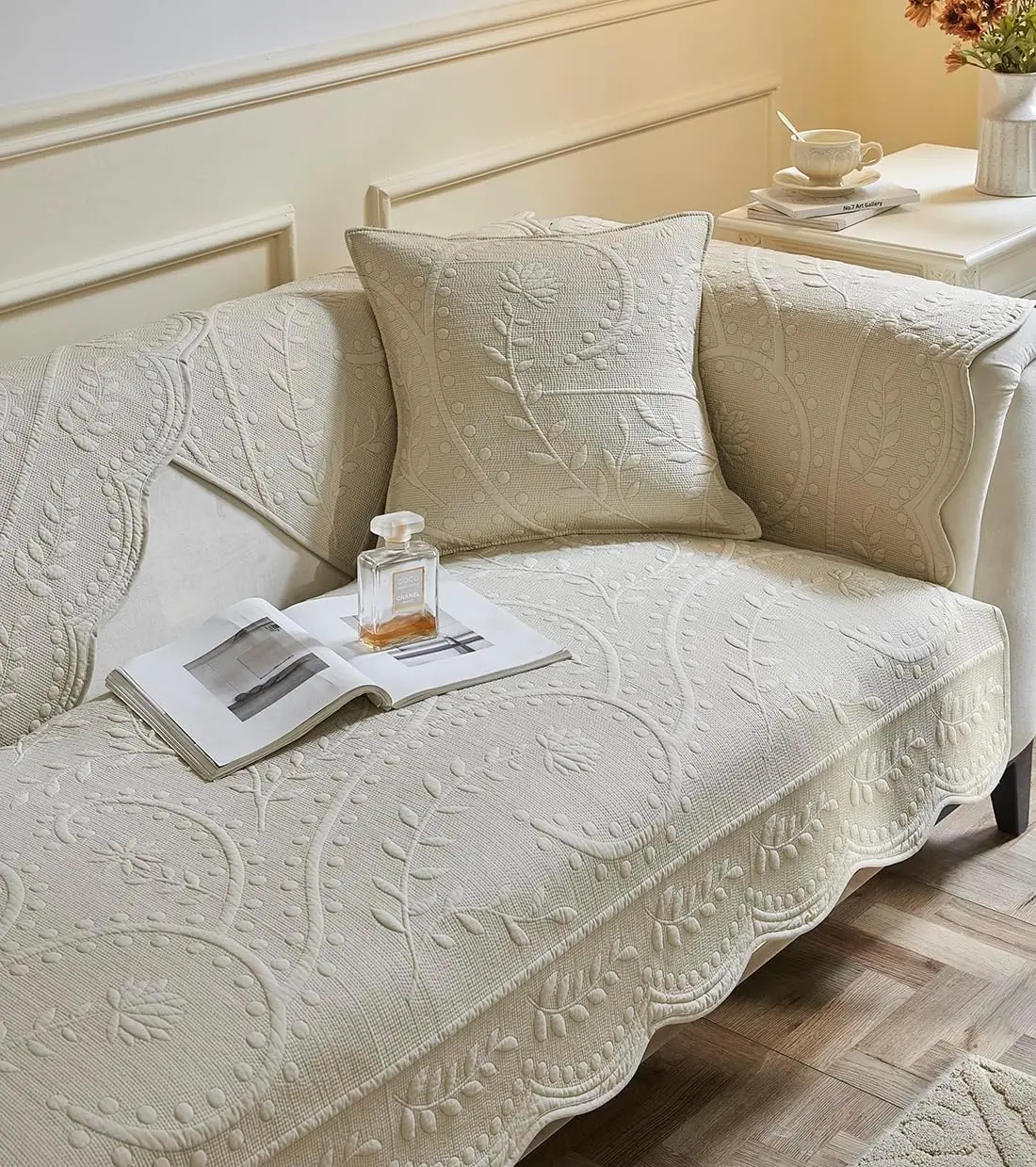 vctops Cotton Quilted Couch Cover Floral Leaves Embroidery Sofa Cover Non Slip Sofa Slipcover for Dogs Cats Kids Loveseat Recliner L Shaped Armrest Backrest (Beige,43"x70")