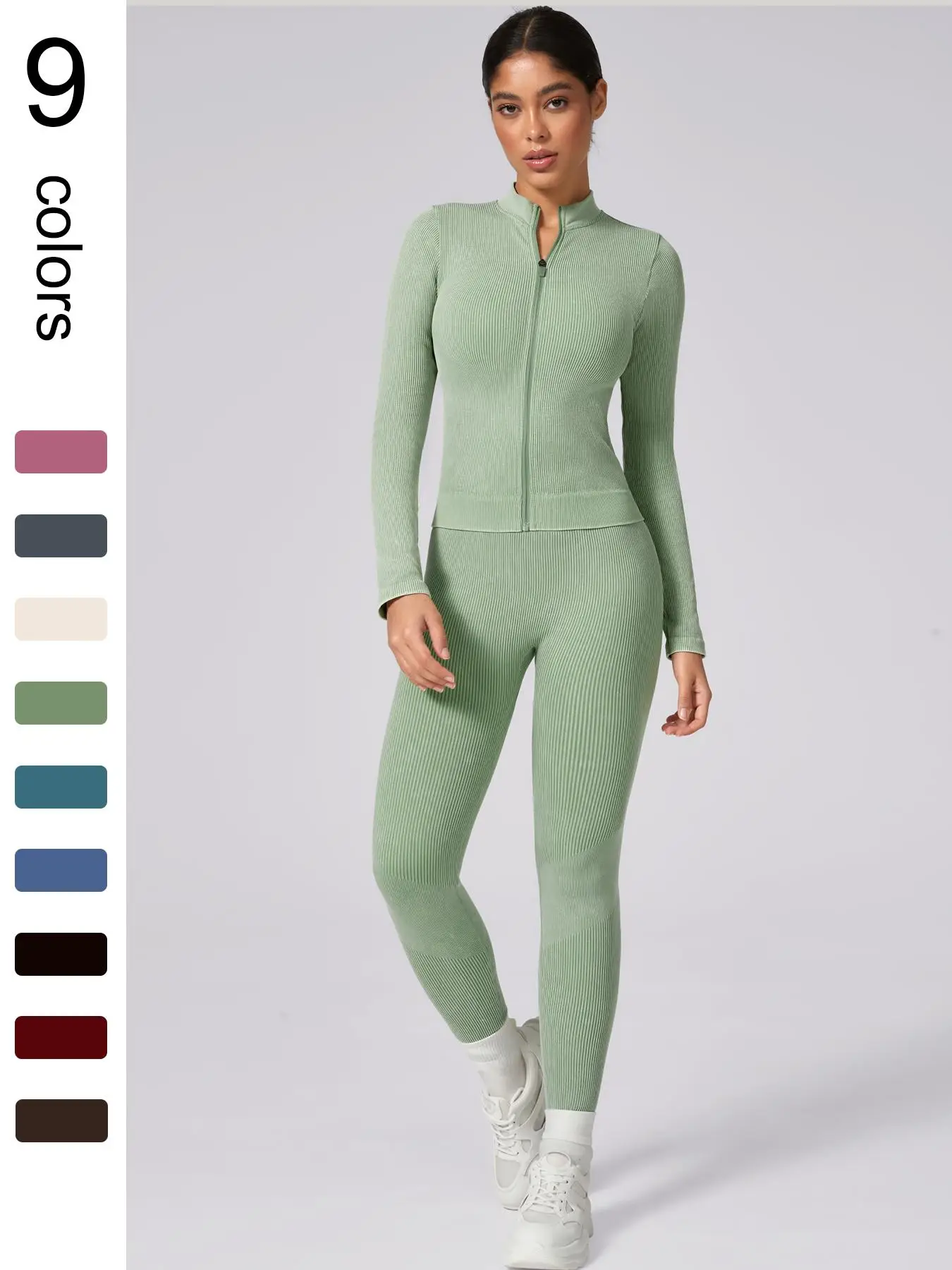 Women's Plain Tracksuit Set, Sports Zip Up Crop Jacket & High Waist Leggings, Ladies Spring & Fall Clothes, Gym Wear