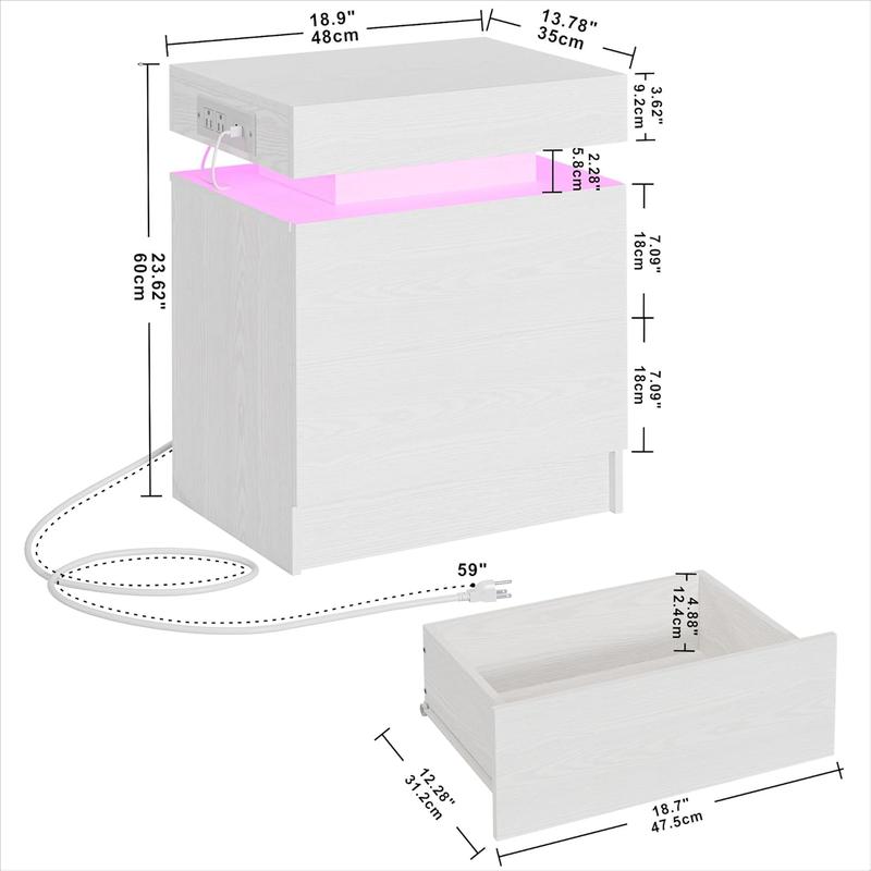 LIKIMIO Night Stand with Charging Station, Modern Nightstand with LED Light and 2 Drawers, Bedside Tables/End Table for Bedroom