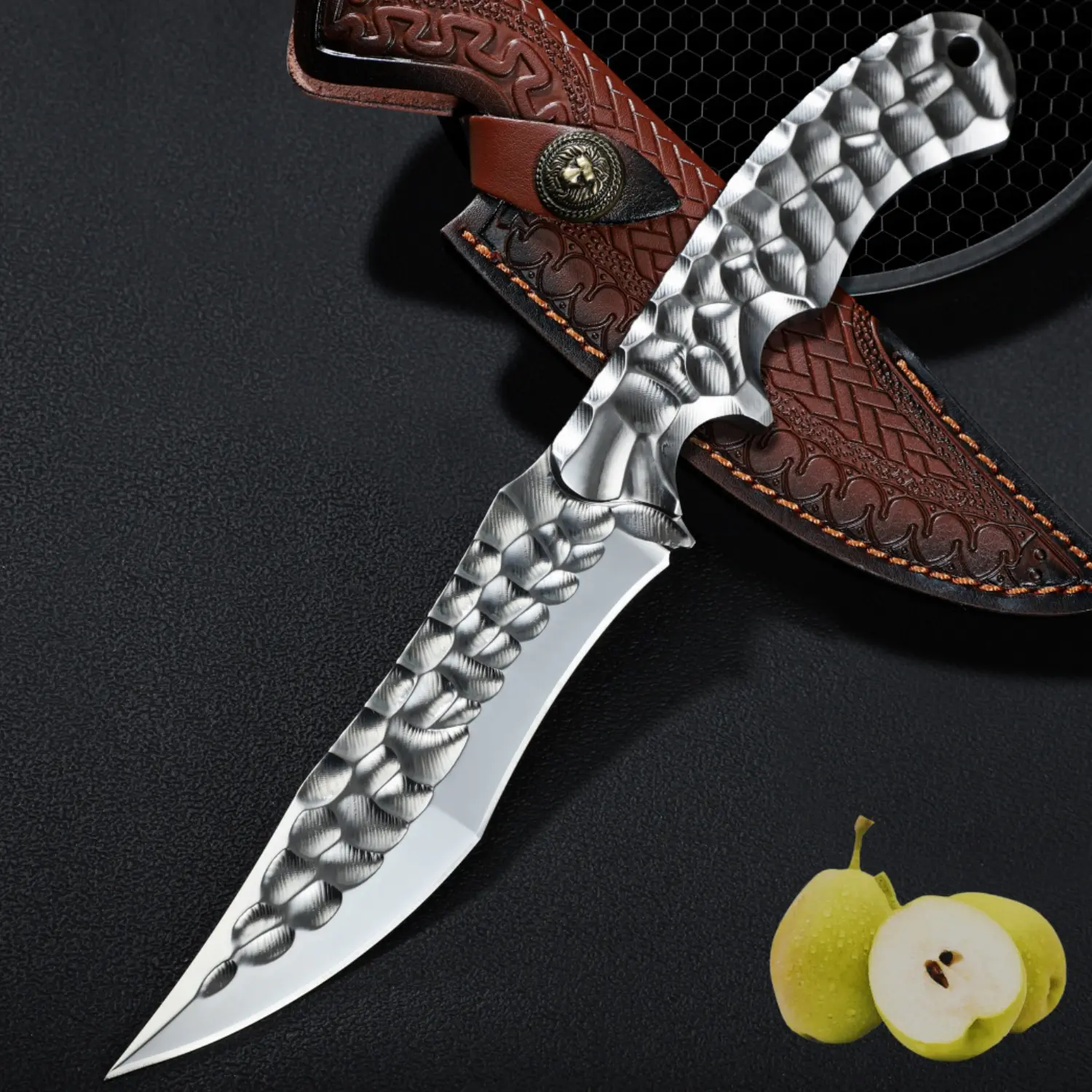 Purple Dragon One-Piece Forged Outdoor Knife with Vintage Leather Sheath – Must-Have for Camping Enthusiasts
