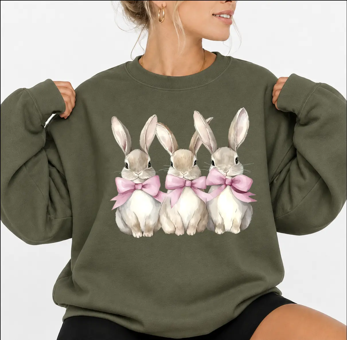 Easter Coquette Bow Bunny Sweatshirt, Cute Bunny Sweatshirt, Rabbit Tee, Happy Easter Day Gift, Cute Easter Sweatshirt Embroidered Fabric
