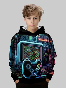 Boys' Fluorescent Game Machine Hoodie, Graphic Hoodies, Casual Comfortable Long Sleeve Pullover, Fall & Winter Best Choice