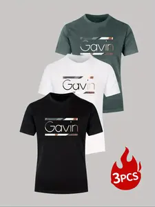 Men's Short Sleeve T-Shirt Set, Fitted, Calvin Logo Print Graphic Multicolor Striped Design, Basic Casual Tee for Daily Wear, 3-Piece Pack