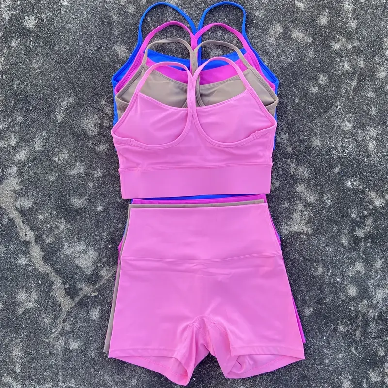 DFYNG workout sets 2 Piece Yoga Shorts Set Women Gym Sports Set Workout Outfit Fitness Suit Y Shape Back Bra High Waist Shorts Running Tracksuit