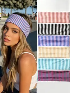 6-Piece Women's Elegant Striped Elastic Sports Headbands, Perfect for Daily Use, Fitness, Running, Yoga, Sweat-Wicking, Bohemian Boho Style