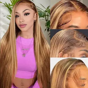 Highlight Wig Straight 13x6 Hd Transparent Lace Frontal Wig Natural Hairline Pre Plucked P4/27 Colored Wig 180% Density
