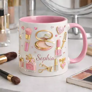 Personalized Makeup Artist Mug Custom Name Beauty Coffee Cup 2D Printed 3D Effect Ceramic Mug with Pink Glam Cosmetic Design for Beauty Lover Women Salon Decor Birthday Mother’s Day Gift Idea Coffee mugs, ceramic mugs, custom mugs,everyday mugs