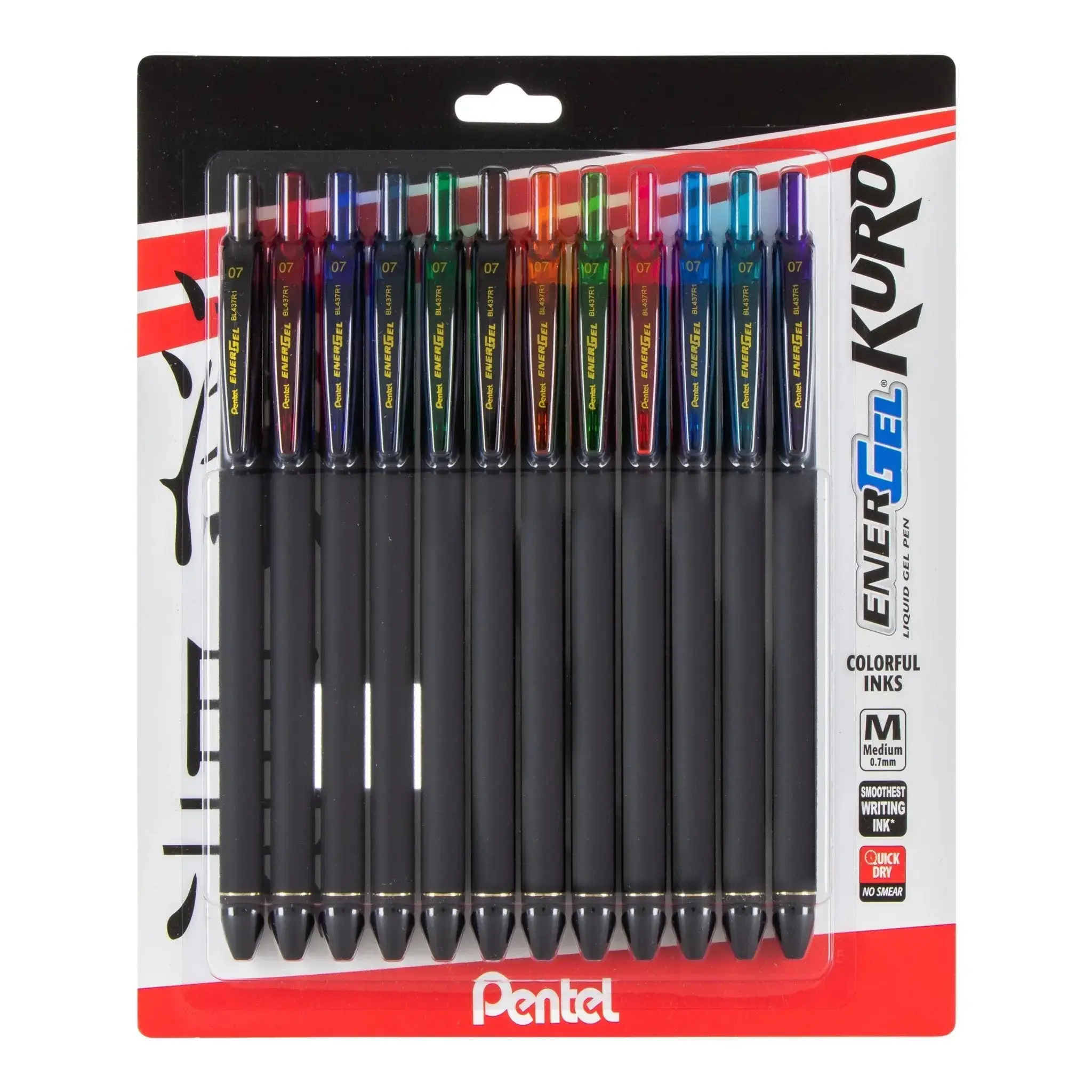 EnerGel Kuro Refillable Liquid Gel Pen - 0.7mm Medium Bold Lines, Rubberized Slender Design (1mm Slimmer Than RTX), Assorted Ink 12-Pack Office Writing Tool