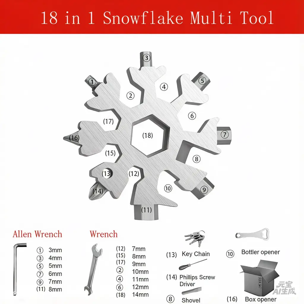 18-in-1 Stainless Steel Snowflake Multitool Kitchen Utensil & Decorative Ornament - EDC Gadget with Bottle Opener, All-in-1 Screwdriver, Christmas & Birthday Gift for Dad/Men, Survival Hand Tool, Utensils