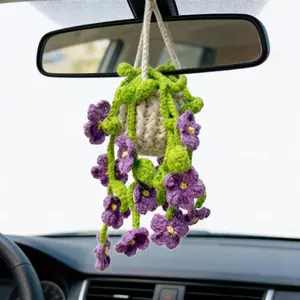 Handmade Crochet Flower Car Charm Boho Cute Car Hanging Ornament with Purple Violet Design Rearview Mirror Decor Accessory Aesthetic Interior Decoration for Travel Daily Commute Gift