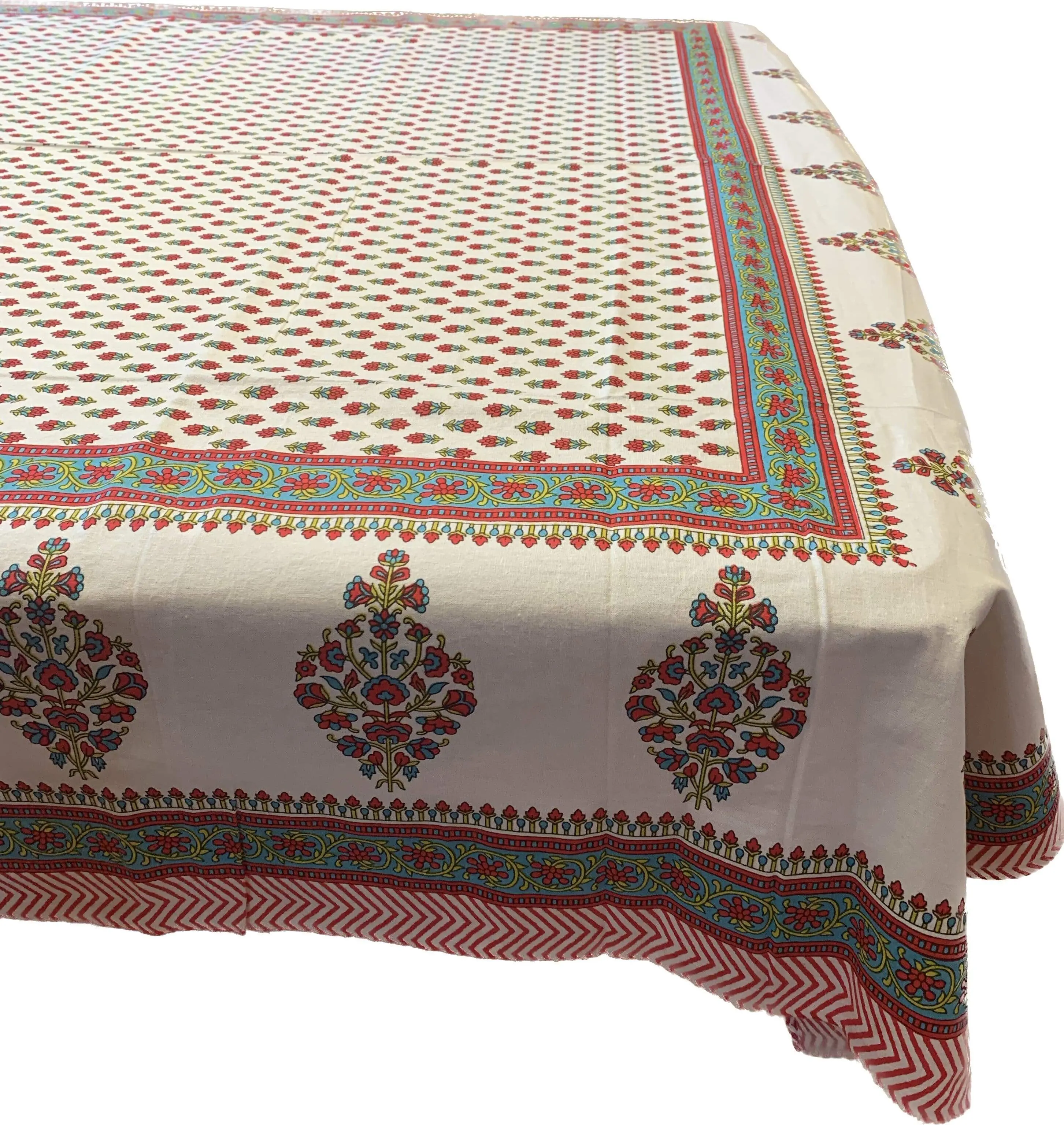 Raine- White Tablecloth with Red Flowers and Zig Zag Pattern