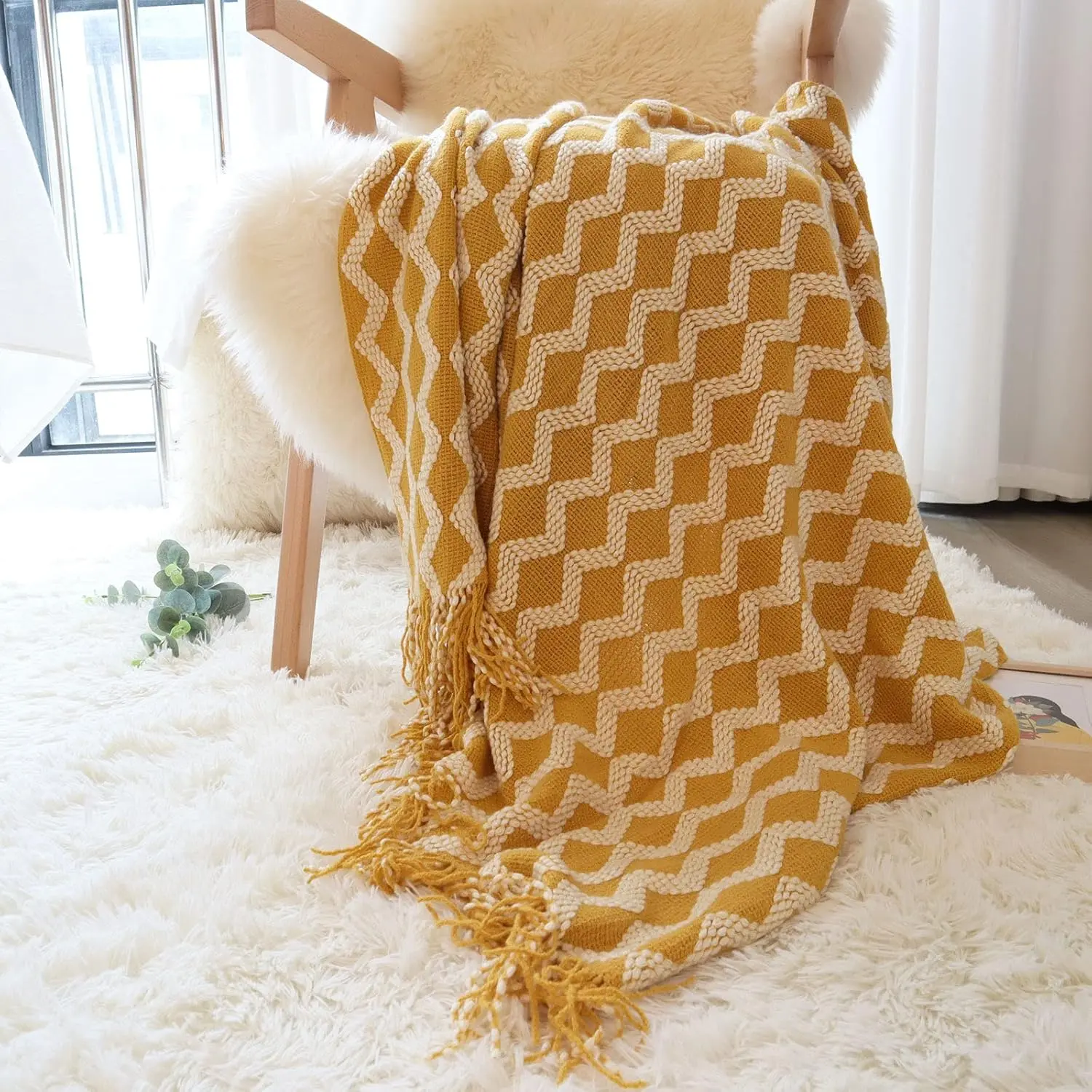 CHICHIC Throw Blanket for Couch, Decorative Knit Woven Knitted Throw Blankets for Sofa Bed Living Room Travel, 50 X 68 Inches, Yellow CHICHIC