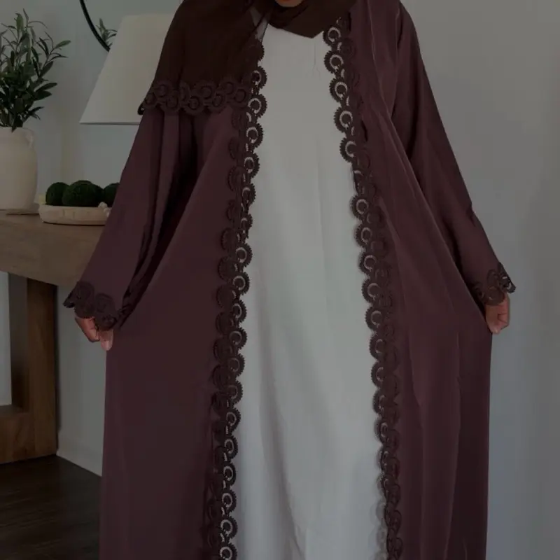 Luxury Koren Nida Abaya - Elegant Chocolate Brown Abaya with Intricate Embroidery and Flowing Design