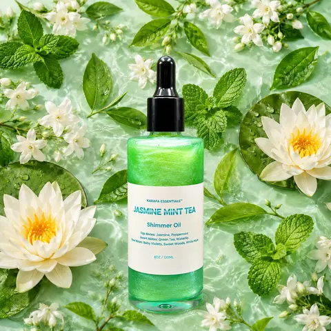 Jasmine Mint Tea Body Oil Jasmine, Peppermint, Green Tea, Waterlily, Baby Violets, Sweet Woods, White Musk by Karafa Essentials