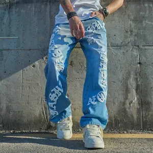 Men's Y2K Gothic Retro Embroidered Jeans, Vintage Blue Wash Distressed Casual Denim Pants, High Quality American Streetwear Skate Trousers