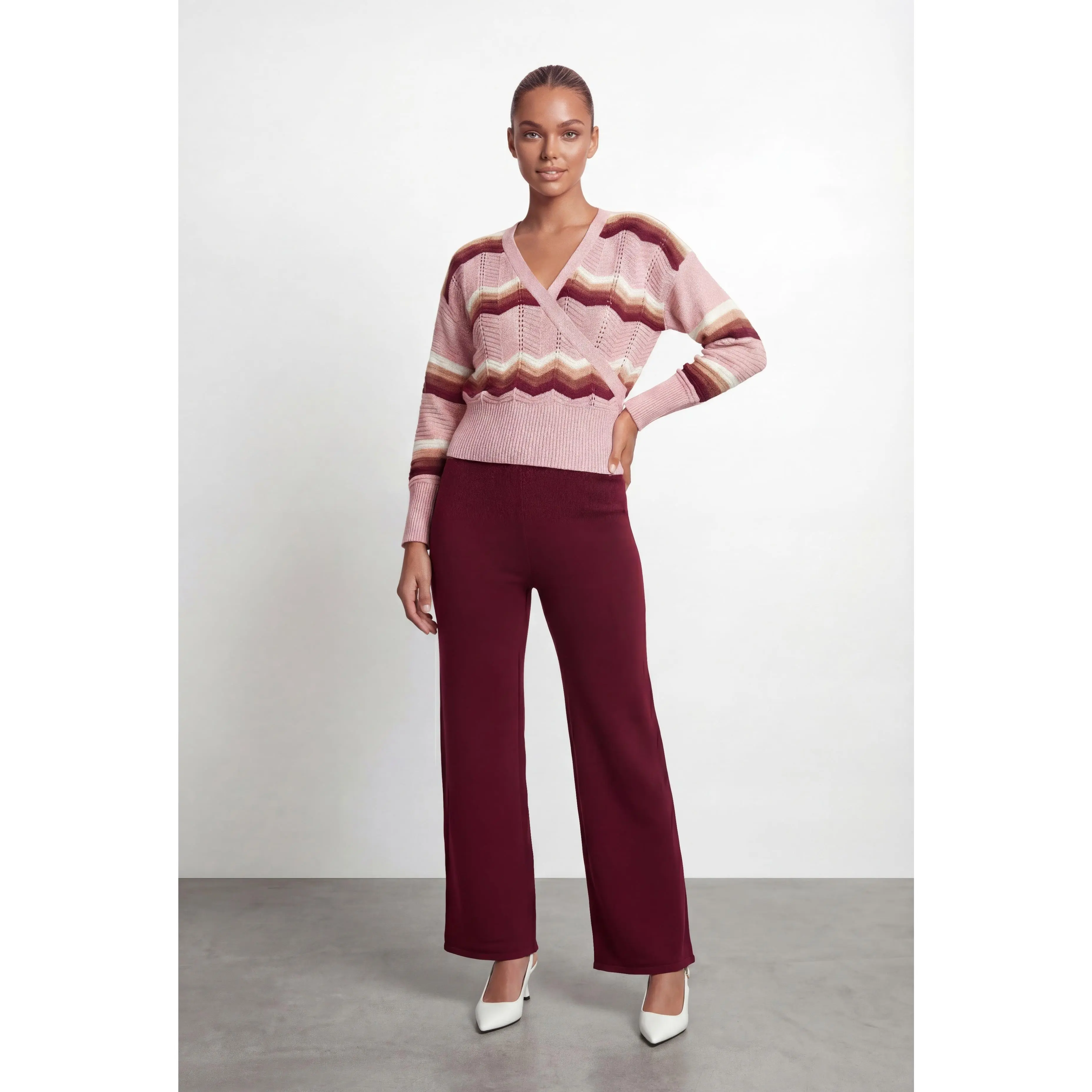 Maliyah Chevron Pointelle Knit Faux Wrap Sweater