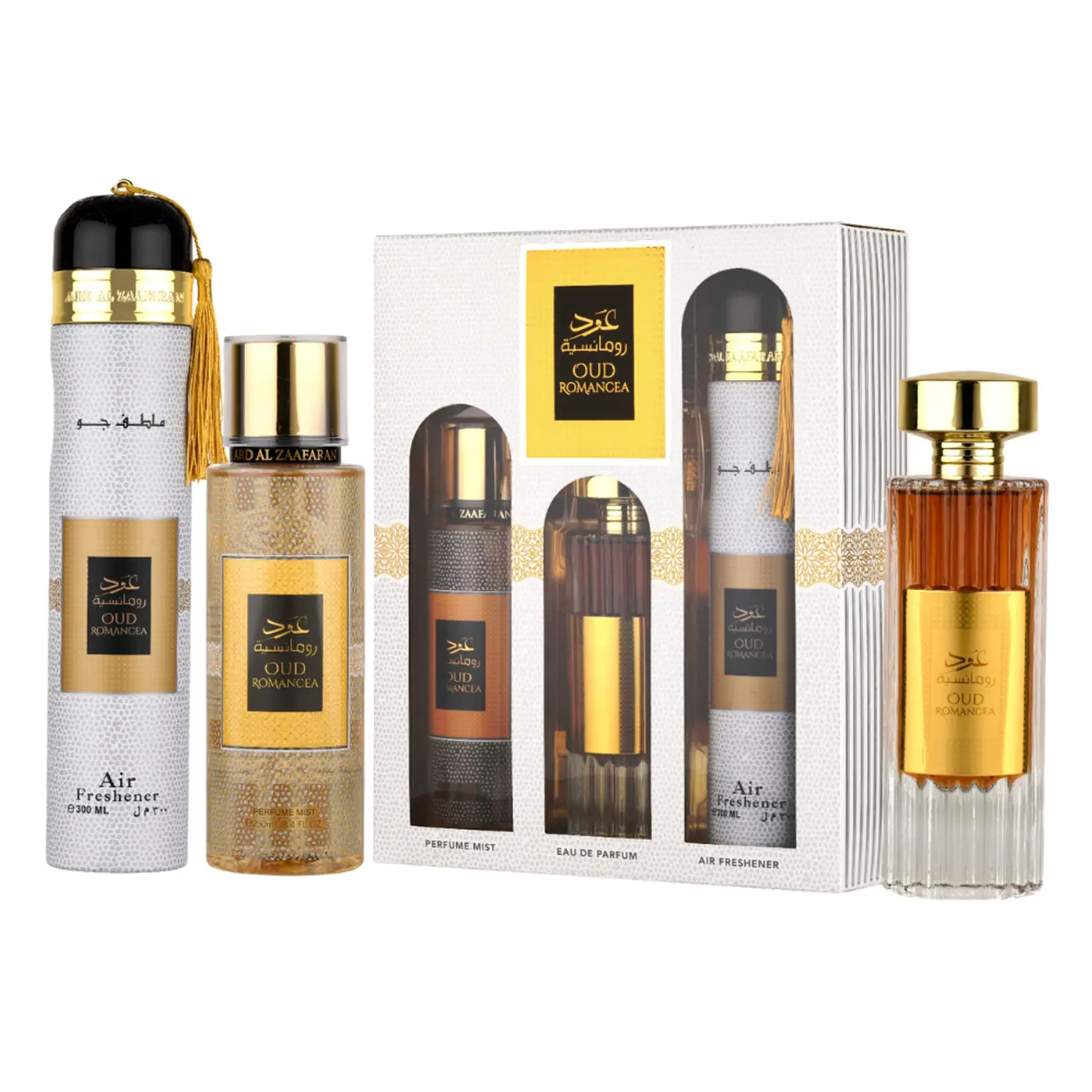 Ard Al Zaafaran Oud Romancea 3-Piece Gift Set for Women (3.4 Ounce Eau De Parfum Spray + 8.4 Ounce Body Mist + 10.0 Ounce Air Freshener)