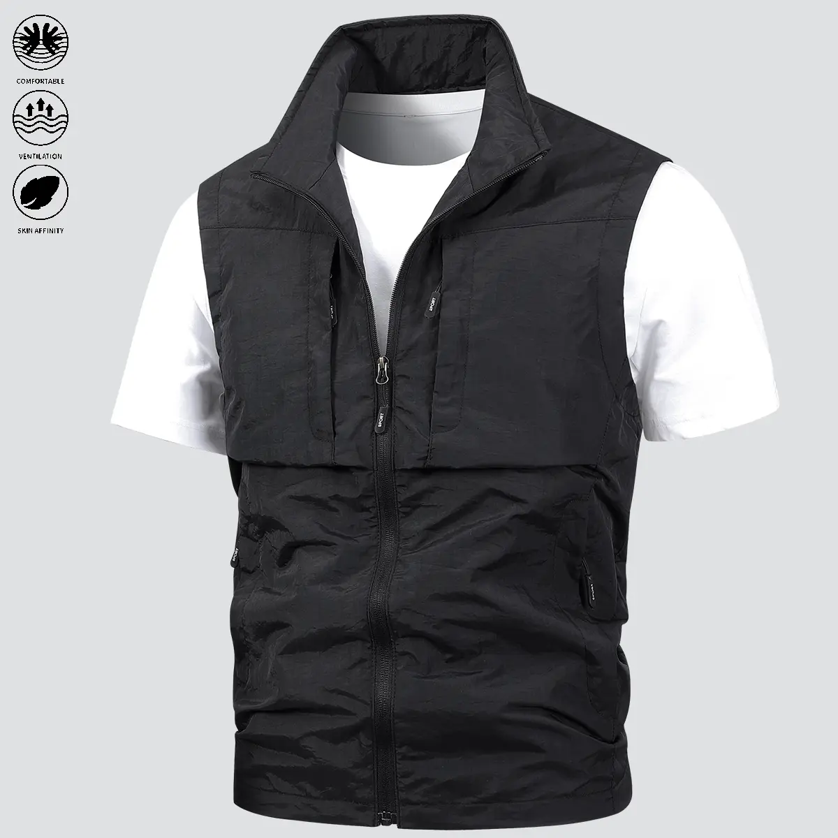 Men’s Plain Polyester Sleeveless Casual Vest - Gray, Khaki, Multiple Pockets, Outdoor-Ready, Suitable for Everyday & Leisure Summer Tops (Menswear Waistcoat & Gilet)