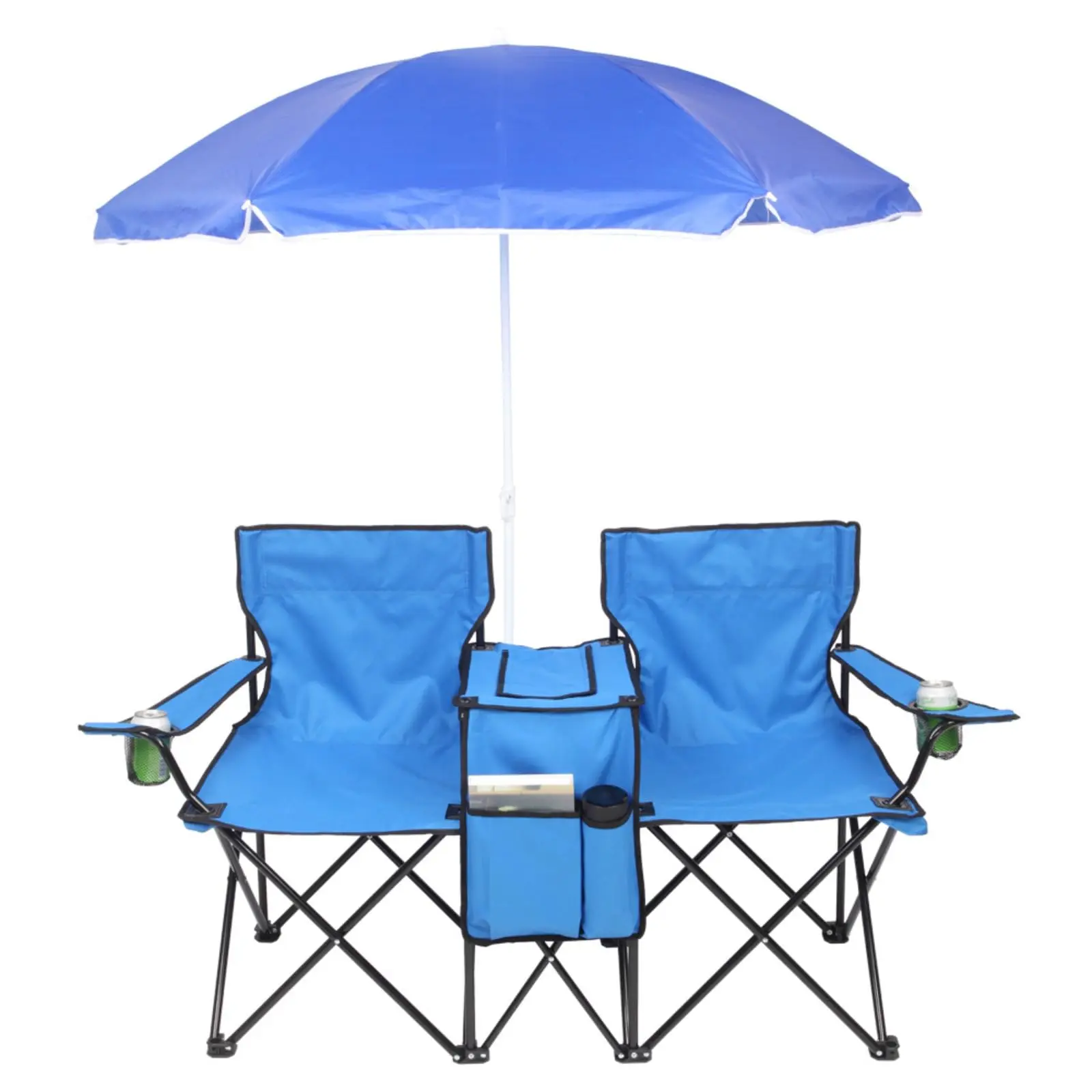 Outdoor Camping Foldable 2-Seat Steel Bench Chair - Portable Durable Oxford Chair with Removable Umbrella, Center Cooler, Cup Holders for Beach, Sunbathing, Blue, 6 Months, 55.12 X 19.3 X 31.5 Inches, Bag, Umbrella Shade