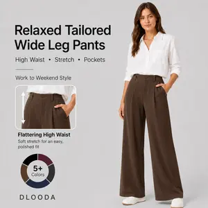 DLOODA Women’s High Waist Stretch Relaxed Tailored Wide Leg Pants with Pockets - Pants for Women, Work, Business Casual, Casual Fashion Trousers for Work & Weekend Wear, Work Pants