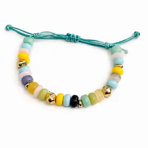 Colorful Beaded Bracelet with Gold Accents and Adjustable String for Women's Fashion Accessory
