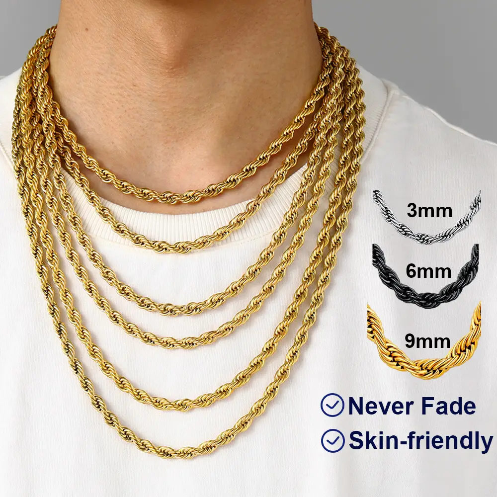 U7 Twist Rope Chain Necklace Daily Casual Punk Hypoallergenic No Tarnish Unisex Stackable Stainless Steel 3/6/9mm Chain Necklace for Men Women Hip Hop