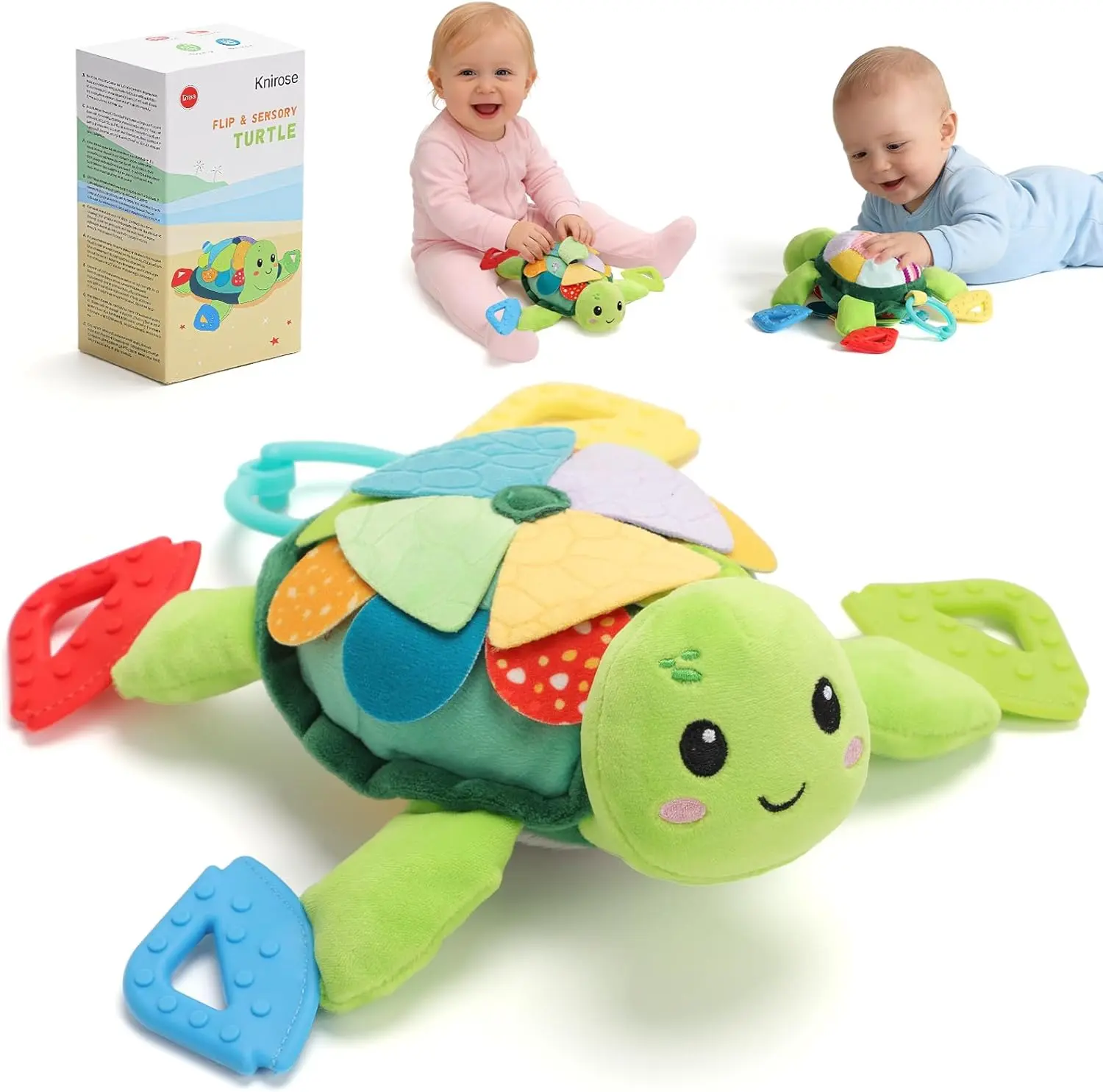 Baby Sensory Turtle Toy, 6-in-1 Tummy Time Plush Activity Toy with Teether, Rattle, Crinkle & Textured Fabric, Montessori Infant Learning Toy for Babies 0-36 Months, Newborn Gift