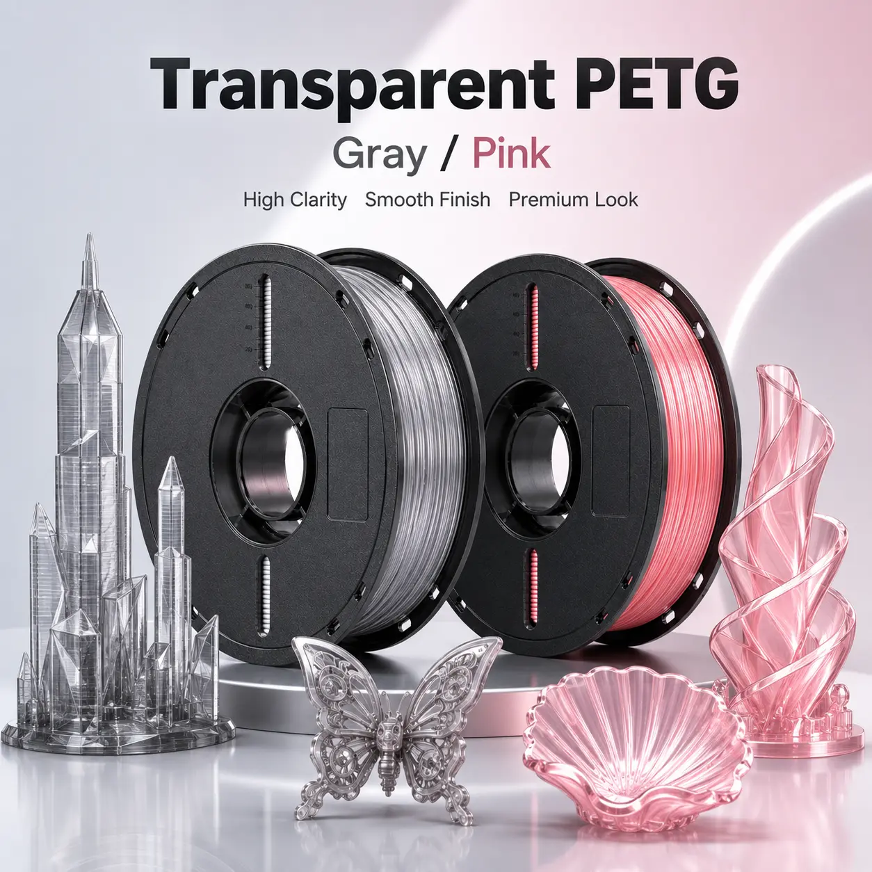 Transparent PETG Filament 1.75mm 1KG, Dual Color Pink Gray Translucent 3D Printer Filament, Glass Like Clear Finish, Tough Material, Smooth Extrusion, Low Warp Printing for FDM 3D Printers, DIY Models, Crafts and Functional Parts