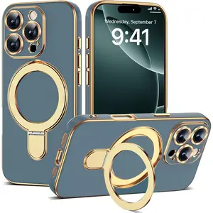 Compatible with iPhone 16 Pro Case with Magnetic Ring Stand [Compatible with Mag-Safe] [Full Camera Lens Protector] Soft Plating Phone Case for iPhone 16 Pro 6.3", Grey Blue