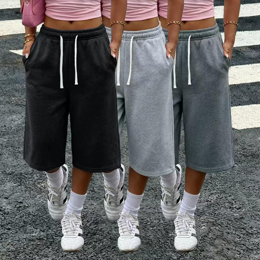 Women’s 1–3-pack solid-color three-quarter wide-leg loose pants — with pockets, elastic waistband, lightweight fleece fabric, summer casual basic pants — without pockets