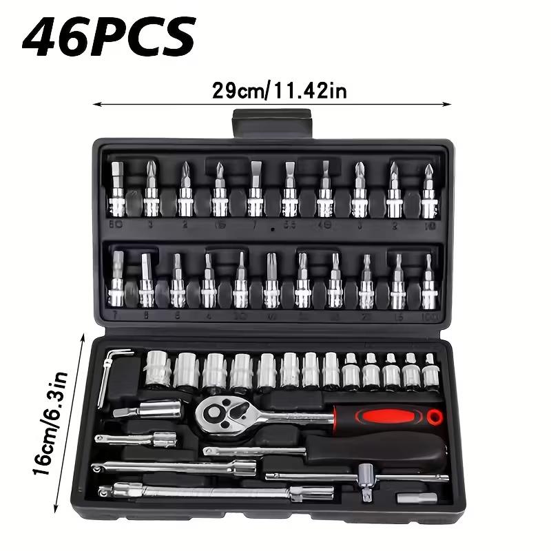 High-quality 46-piece set of tools, suitable for car and bicycle maintenance. Includes a set of standard drive deep wrenches, automotive component repair ratchet wrenches, and various other automotive tools. Can be used as a Christmas gift.