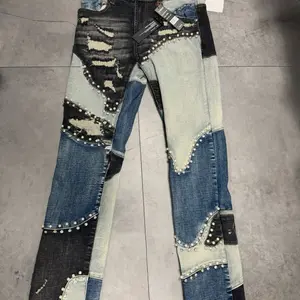 Men's Mixed Denim Collage Jeans with Unique Patchwork Design and Stud Accents for a Distinctive Look Menswear Streetwear Pockets Pants