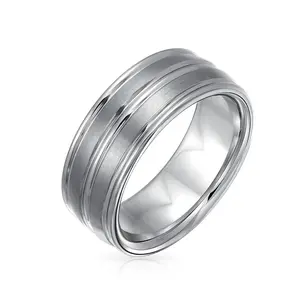 Wide Double Grooved Brushed Matte Wedding Band Titanium Rings 8MM