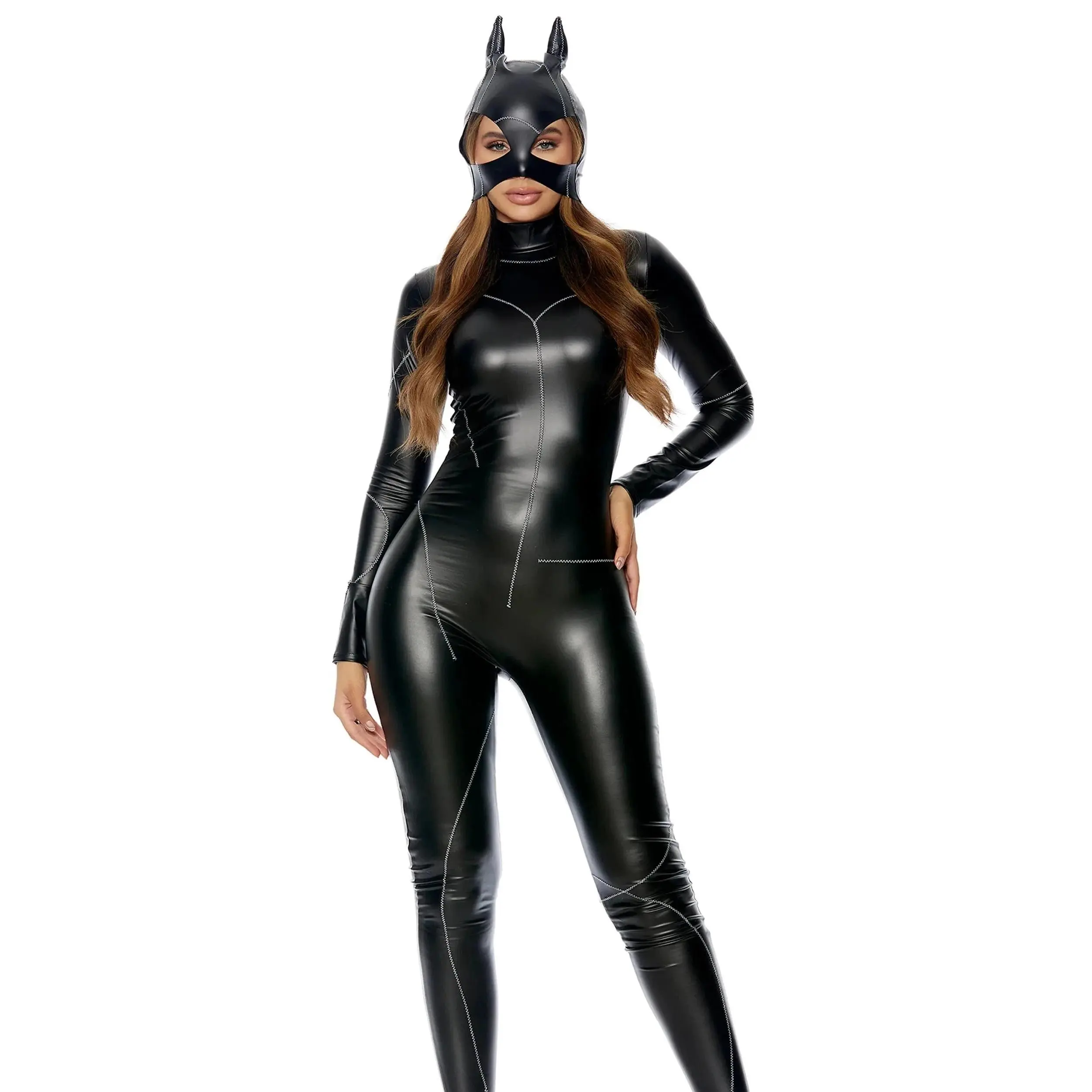 On The Prowl Sexy Cat Villain Costume - Women's Faux Leather Jumpsuit with Mask, Suitable for Halloween and More