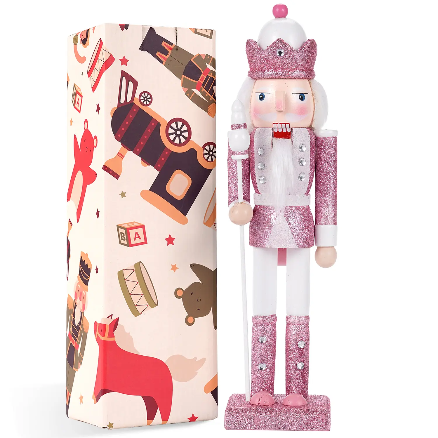 Pink Glitter Nutcracker King with Crown & Scepter, Wooden Christmas Decorative Figurine, Holiday Tabletop Ornament for Xmas Home Decoration