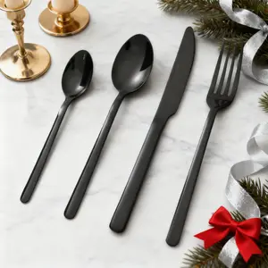Christmas Matte Black 24 Pcs Silverware Flatware Set of 6,  Stainless Steel Tableware Cutlery Set, Includes Fork Spoon Knife for Home Kitchens, Dishwasher Safe