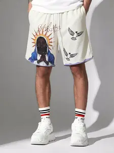 Vintage Religious Graphic Mesh Shorts - Streetwear Basketball Bottoms, Retro Faith Inspired Gym Wear, Breathable Summer Athletic Shorts for Men Women, Harajuku Style Hip Hop Outfit, Cream White Loose Fit Casual Apparel, Gift for Spiritual Friends