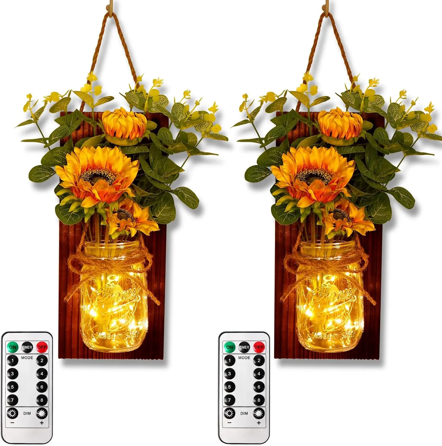 Farmhouse Rustic Wood Base Sunflower Mason Jar Wall Mounted Sconces Set of 2 - Warm Tones LED Lights, Wall Lighting Fixtures with Remote Control, Ambient Glow Indoor Home Decor (Living Room, Kitchen)