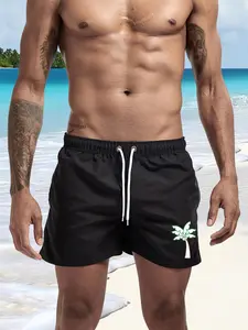 Men's Coconut Tree Print Beach Shorts, Summer Casual Fitted Gym Shorts Above the Knee, Comfortable Moderate Fabric for Men