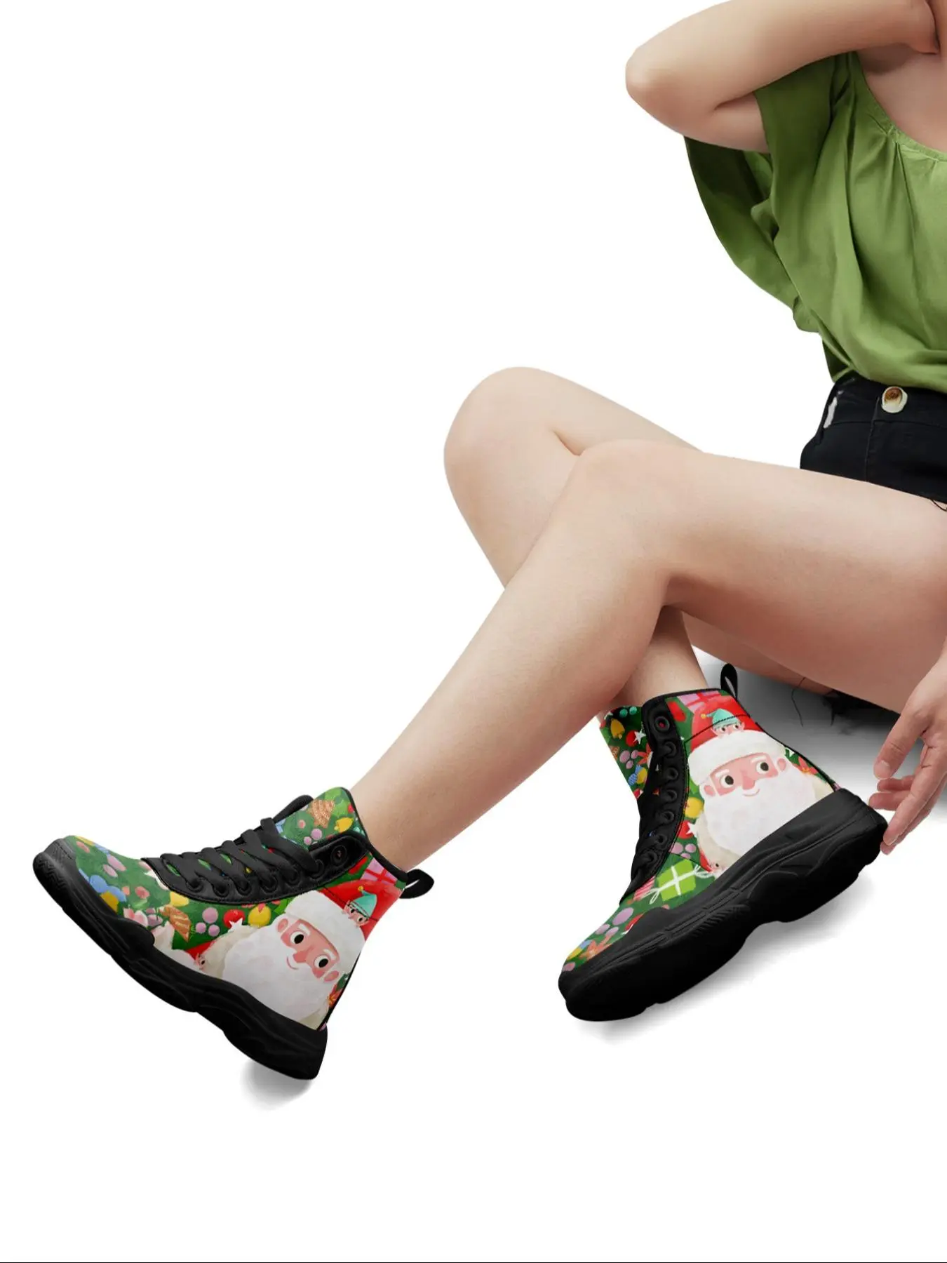 Women's Christmas Print Lace Up Ankle Boots, 2024 New Style Casual Comfortable Round Toe Boots for Fall & Winter, Female All-match Trend Shoes for Daily Wear