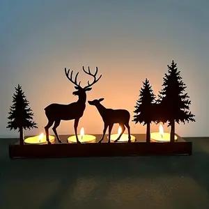 Rustic Metal Deer Candle Holder with Tree Shadow, Decorative Iron Mini Candle Stand, Seasonal Centerpiece for Home and Special Occasions