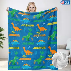 Personalized Dinosaur Throw Blanket with Name Photo Kids Adults Dinosaur Lover Fans Made in USA Polyester Soft Lightweight Blanket 40x50 50x60 60x80 Inches Customizable Blue Design