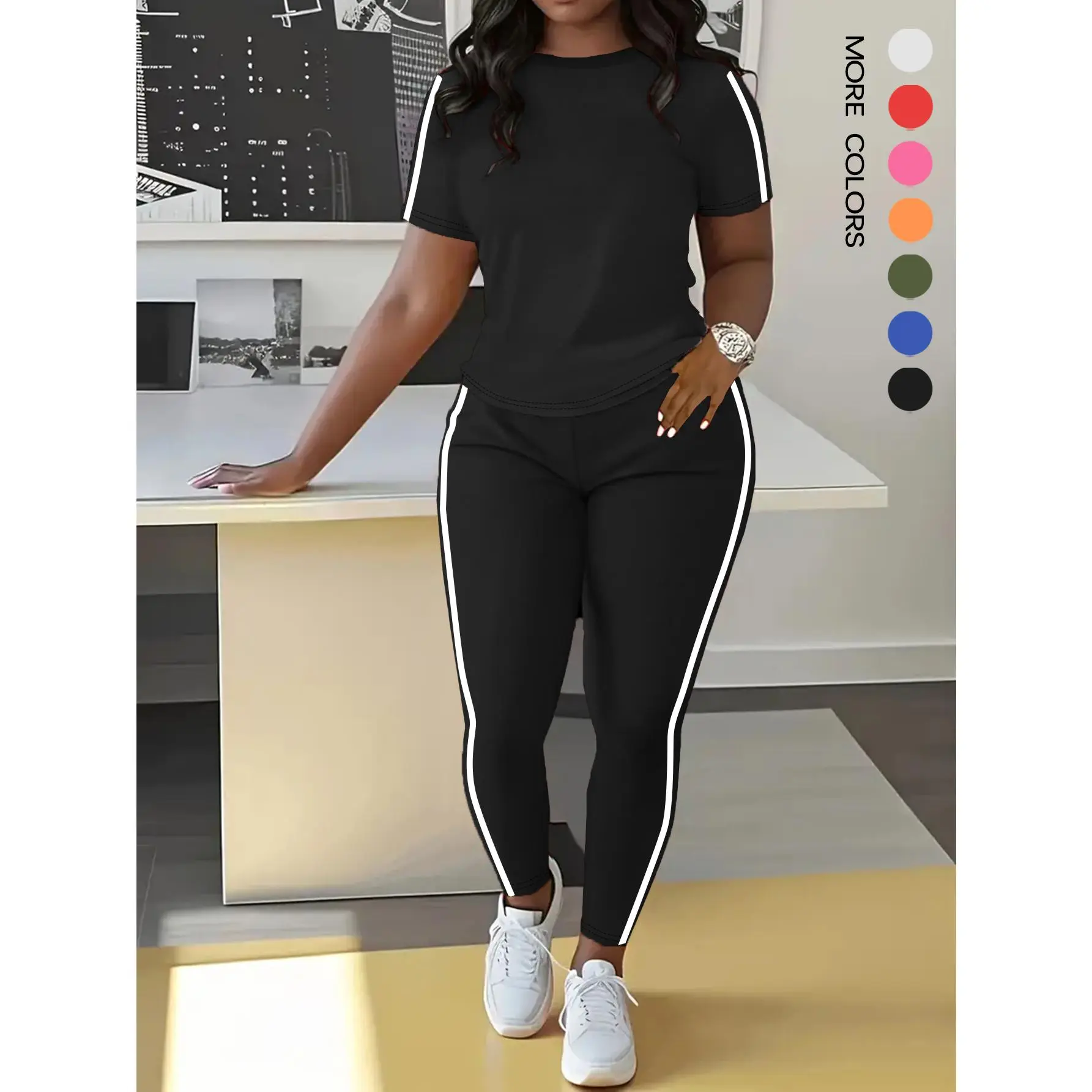 AUXDIO Women's 2-Piece Chic Preppy Striped Athleisure Set - Round Neck Short Sleeve Tee & Side Slit Pants, Stretch Soft Polyester, Tall Girl Friendly, for Daily Summer, Party, Exercise