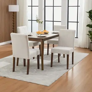 Set of 2 Modern Dining Chairs – High Back, Soft Linen Upholstery with Vertical Stripes – Sturdy Wooden Legs – Perfect for Dining Room, Restaurant, Café – Linen Beige
