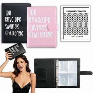 A5 100 Envelope Savings Challenge Premium Binder With Clear PVC Cash Holders Savings Mark Card Black Magenta Color Selection
