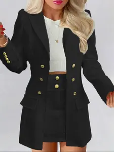 Two-piece Set Women's Solid Woven Puff Sleeve Long Sleeve Blazer & Pocket Skirt Set, Elegant Lapel Neck Decorative Buttons Decor Outerwear & Short Skirt for Office and Business, Ladies Fall & Winter Clothes